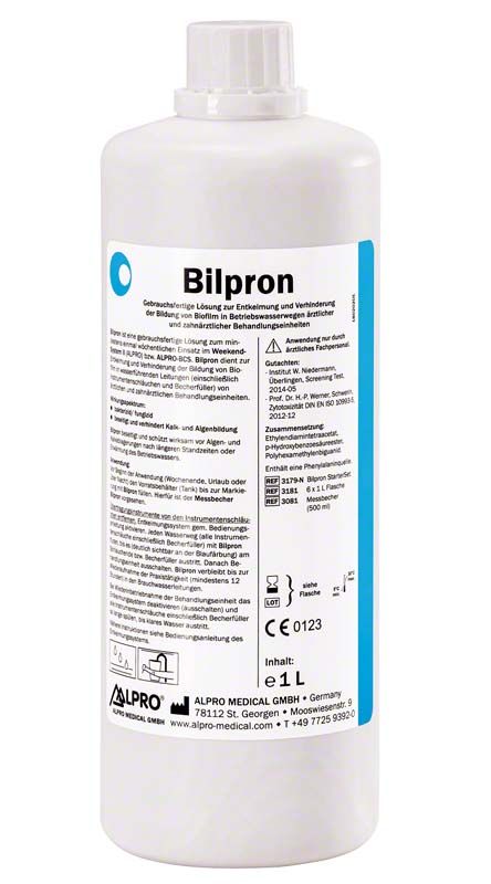 Bilpron 1-Liter-Flasche mit Etikett für Wasserentkeimung.