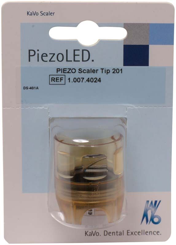 PIEZO Scaler Tip Nr. 201 in Originalverpackung mit Produktdetails und Logo.