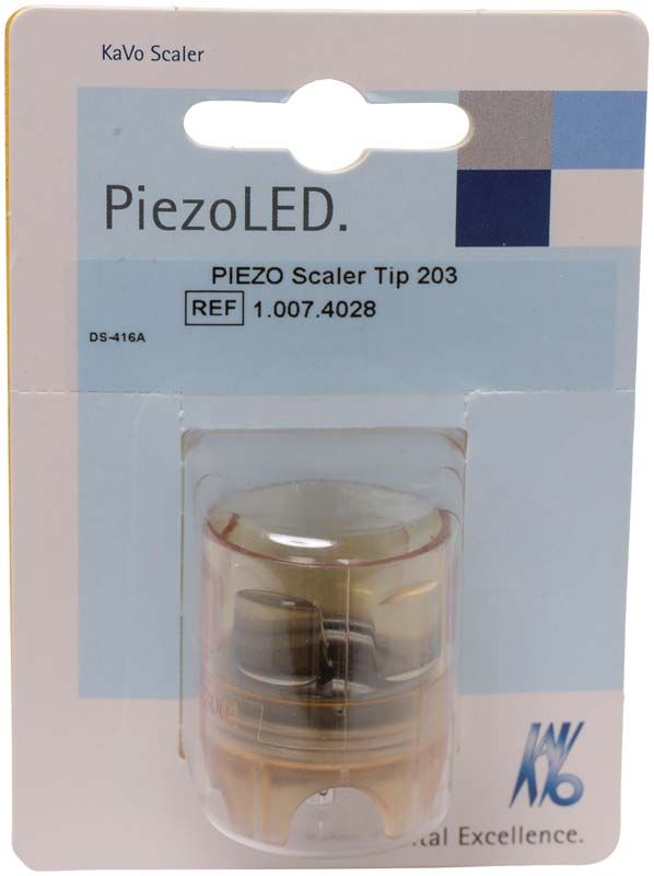 PiezoLED Scaler Spitze Nr. 203 in Verpackung mit blauer Akzentuierung.