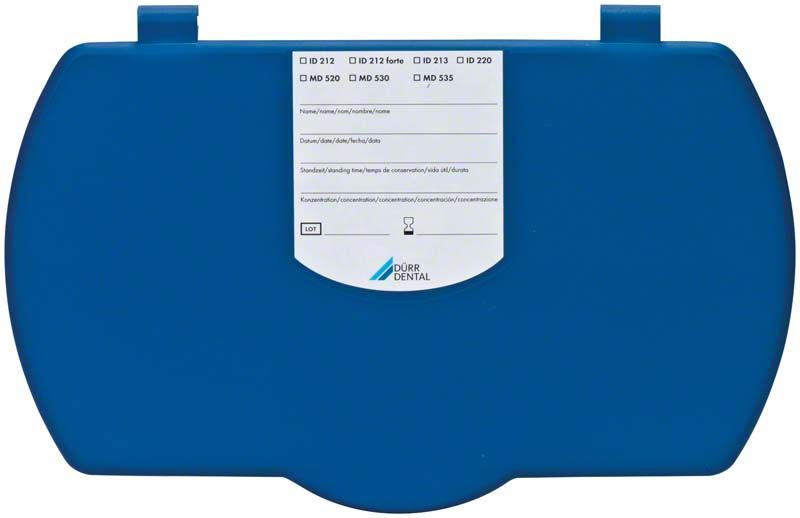 Blauer Deckel der Hygobox für Dentaldesinfektion mit Etikett.