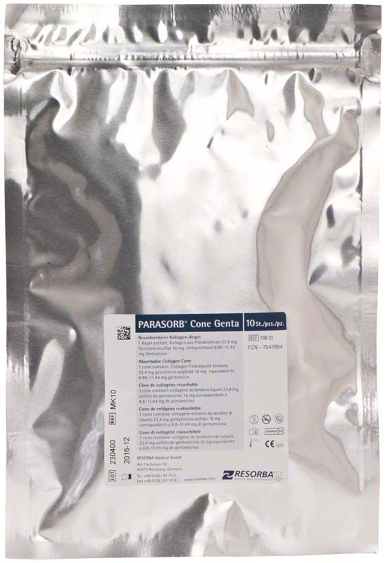 PARASORB® Cone Genta in silberner Verpackung mit Produktetikett