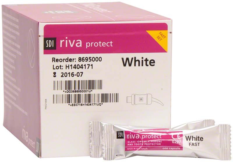 Weiße Riva Protect Kapseln schnellhärtend mit Verpackung und Einzelkapsel.