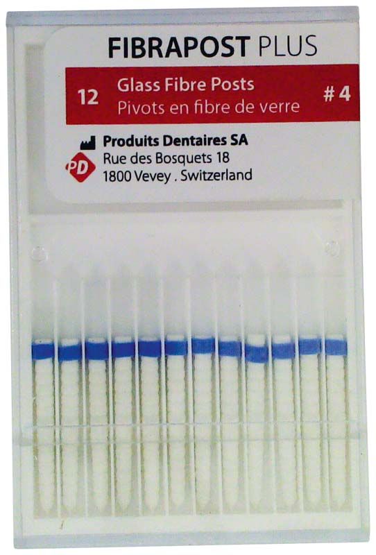 FIBRAPOST PLUS Wurzelstifte Gr. 4, 19mm, in einer Verpackung.