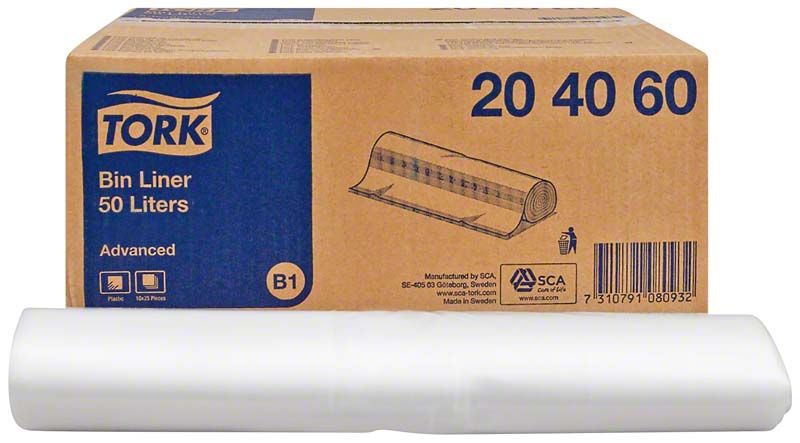Tork Advanced Abfallsäcke 50l, Verpackung mit Abbildung und Barcode.