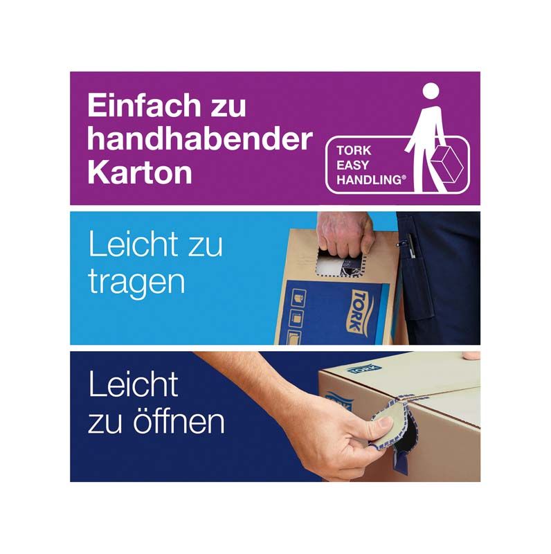 Einfach zu handhabender Tork Karton mit leicht zu öffnendem Verschluss.