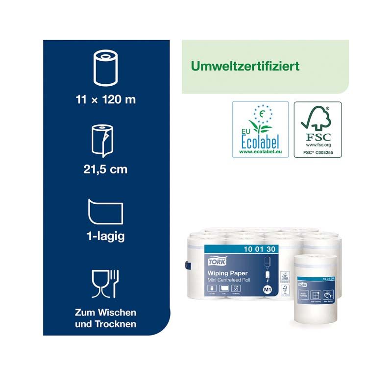 Tork Mehrzweck Papierwischtücher, umweltzertifiziert, mit EU Ecolabel und FSC-Logo.