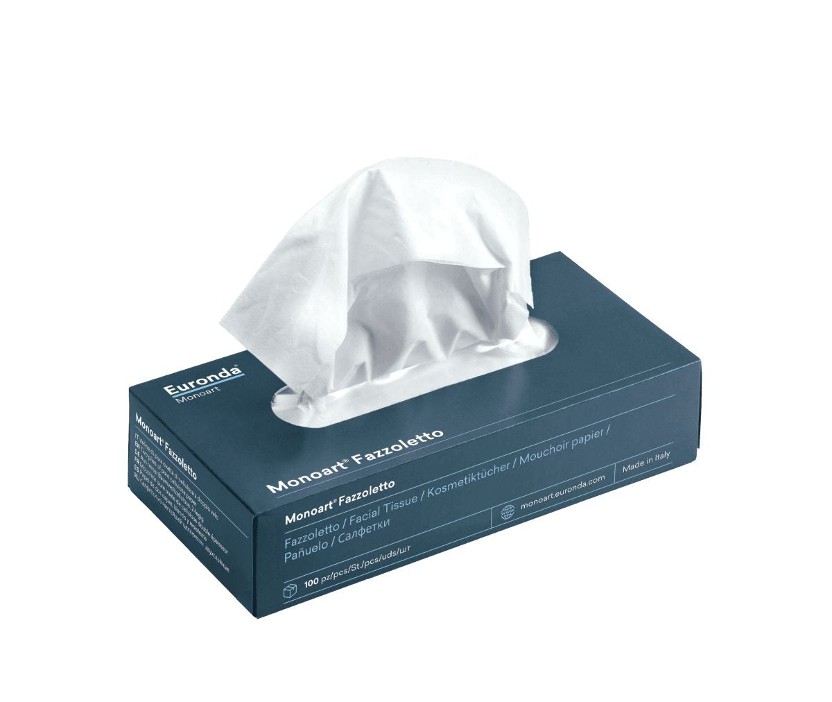 Monoart Kosmetiktücher in blauer Spenderbox mit entnommenem Tuch.