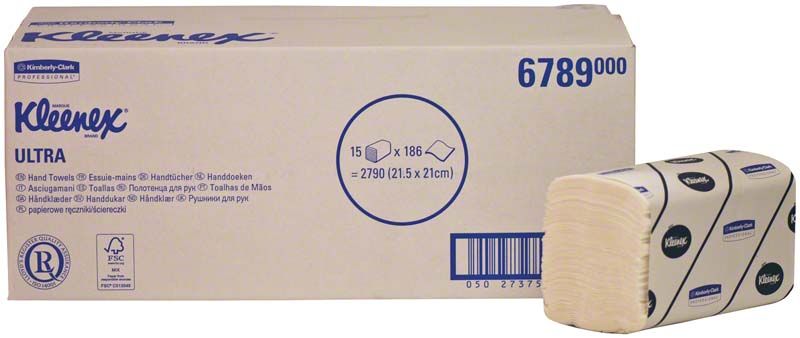 Kleenex Ultra Einmalhandtücher-Verpackung mit Papierhandtuchstapel.