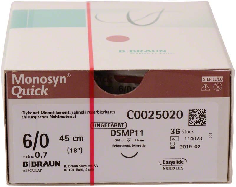 Monosyn® Quick Nahtmaterial, 6/0, 45 cm, unbeschichtet, 36 Stück, sterile Verpackung.