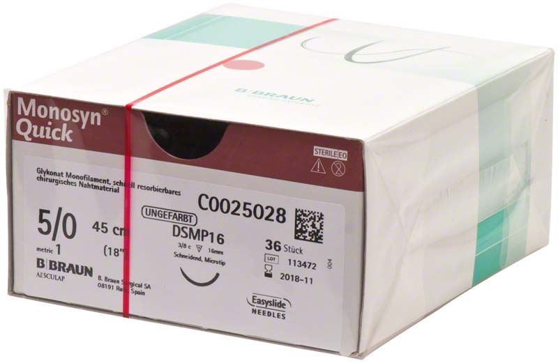 Monosyn® Quick 5/0, 45 cm chirurgisches Nahtmaterial, steril verpackt.