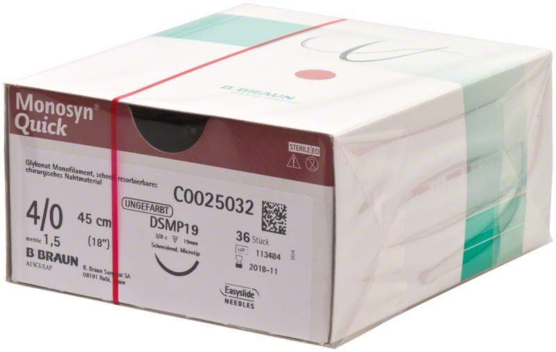 Monosyn® Quick chirurgisches Nahtmaterial, 4/0, 45 cm, ungefärbt, Verpackung.