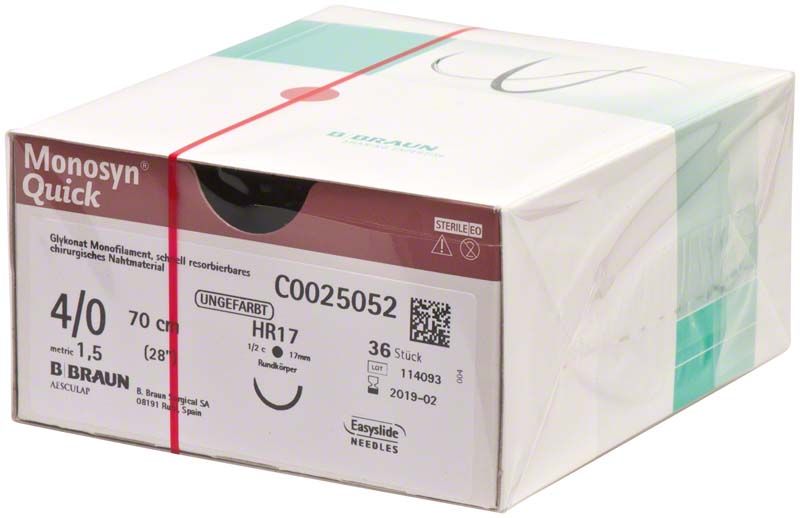 Monosyn® Quick chirurgisches Nahtmaterial 4/0, 70 cm, auf Verpackung.