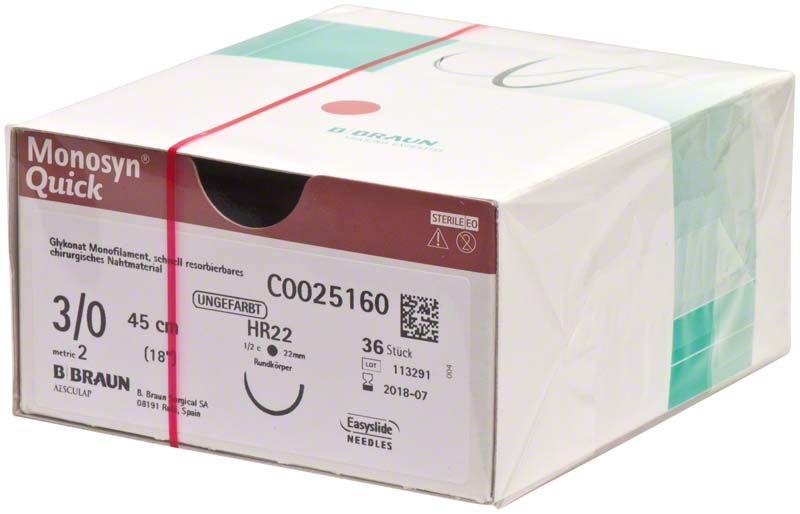 Verpackung von Monosyn® Quick chirurgisches Nahtmaterial, 3/0, 45cm, ungefärbt.