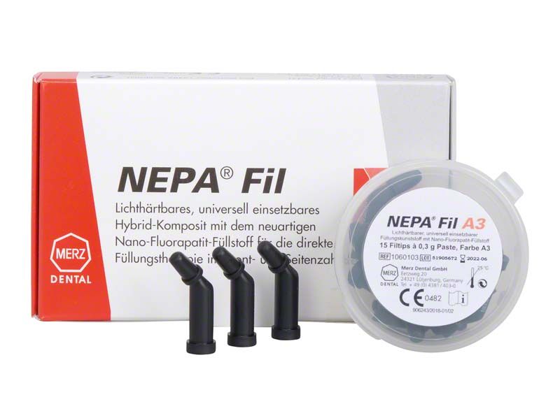 Verpackung und Behälter von NEPA Fil Tips A3 mit drei Applikationsspitzen.