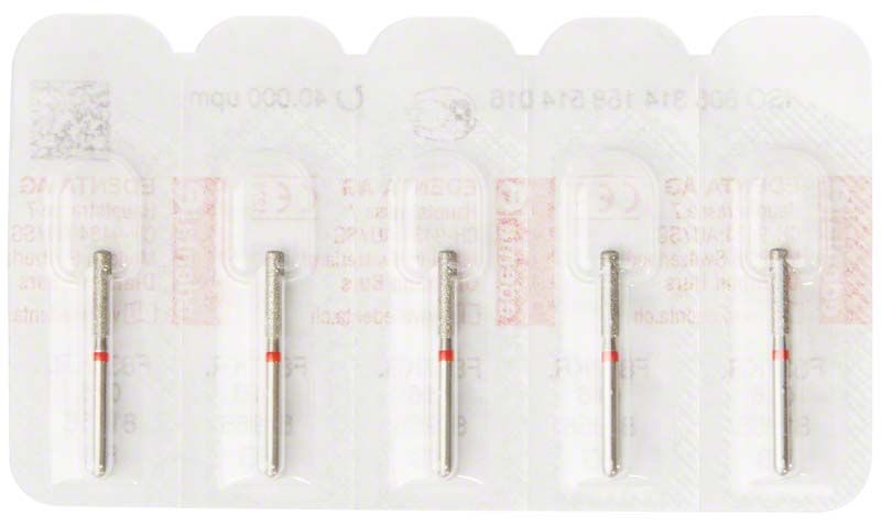 Blisterpackung mit fünf Diamant FG 837KRF 016 Zahnbohrern.