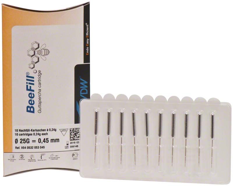BeeFill Guttapercha-Kartuschen 25G - Ø 0,45mm in geöffneter Verpackung.
