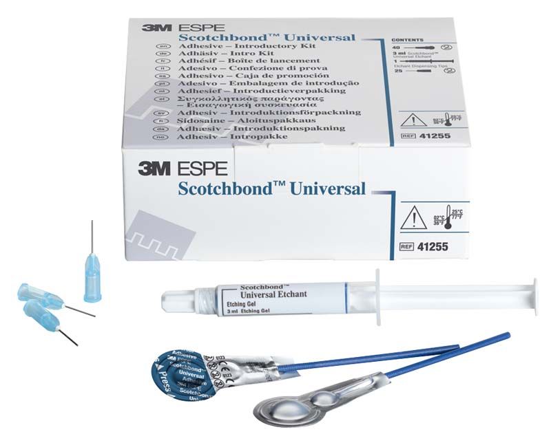Scotchbond™ Universal Adhäsiv L-Pop Introkit mit Zubehör und Verpackung.