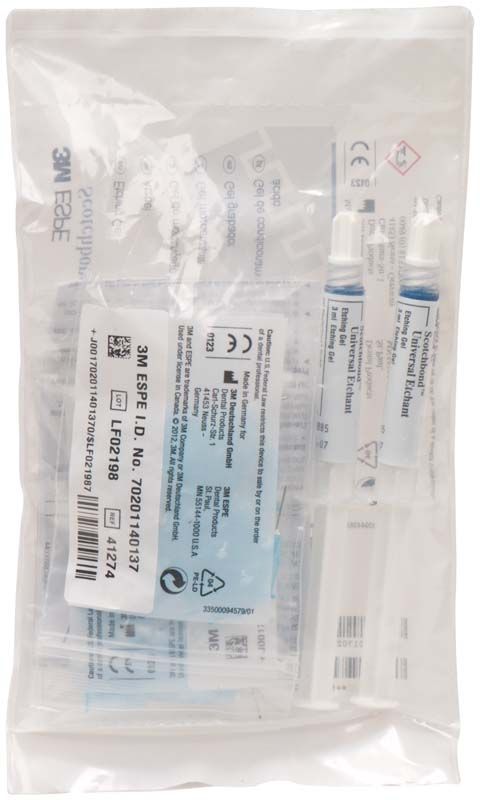 Scotchbond™ Universal Ätzgel Spritzen in transparenter Verpackung mit blauen Etiketten.