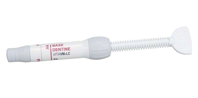 Lichthärtendes Verblendkomposit VITAVM®LC BASE DENTINE A4 in weißer Kartusche.