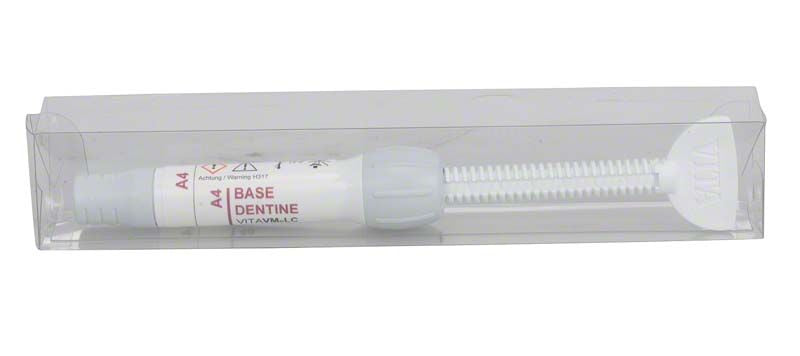 Weiße Kartusche mit VITAVM®LC BASE DENTINE A4 im Kunststoffgehäuse.