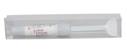 Weiße Kartusche mit VITAVM®LC BASE DENTINE A4 im Kunststoffgehäuse.