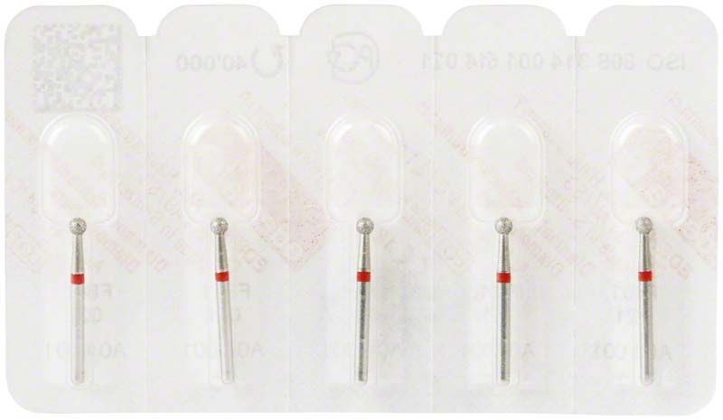 Diamantschleifer FG 801F 021 mit rotem Ring in Blisterverpackung.