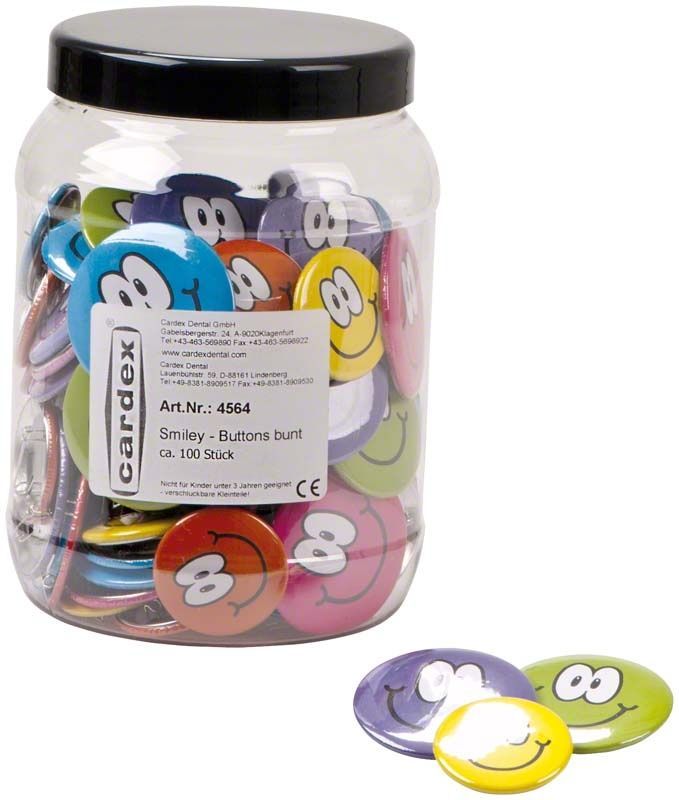 Bunte Smiley-Buttons in einem transparenten Kunststoffbehälter.