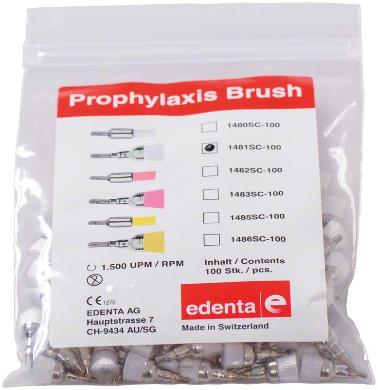 Prophylaxe Nylonbürsten weiß im wiederverschließbaren Beutel mit Beschriftung.