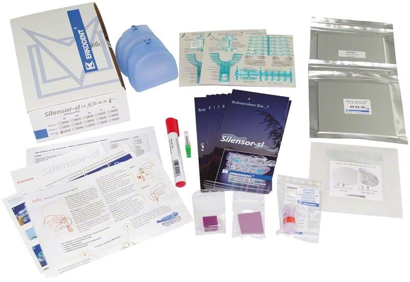 Set Silensor-sl mit Zubehör und Verpackung, inklusive Gebrauchsanweisung und Schienen.