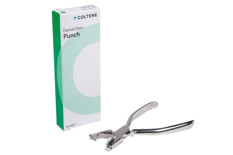 Hygenic® Dental Dam Lochzange neben Verpackung in modernem Design.