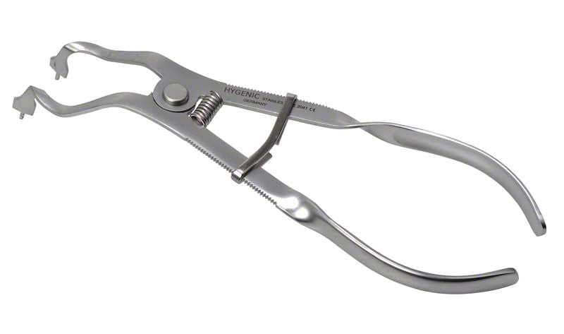 Hygenic® Dental Dam Klammerzange in seitlicher Ansicht auf weißem Hintergrund.