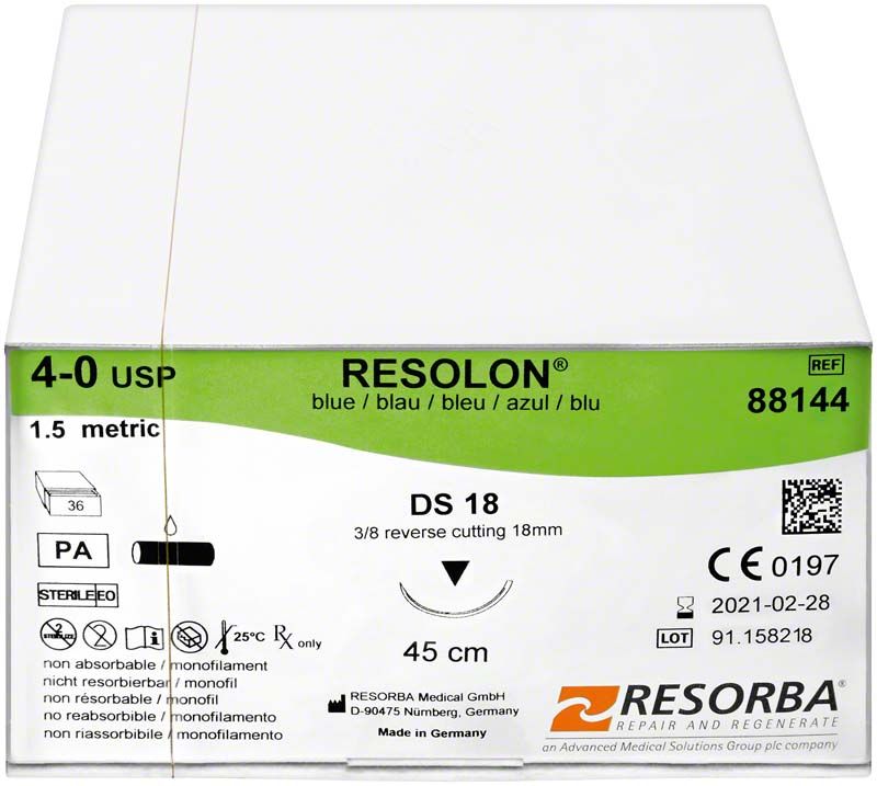 RESORBA® RESOLON® Nahtmaterial DS18 4/0 in blauer Verpackung.