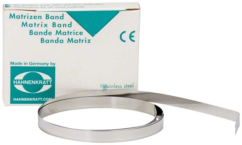 Matrizenband aus Edelstahl, Stärke 0,05mm, Breite 5mm, mit Verpackung.