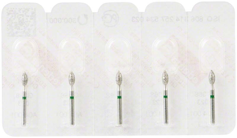 Diamantenschleifer FG 368G 023 mit grünem Ring in Verpackung.