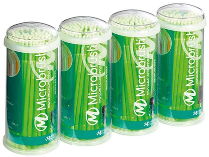 Microbrush Tube Series Applikatoren in grünen Röhren für Dentalanwendungen.