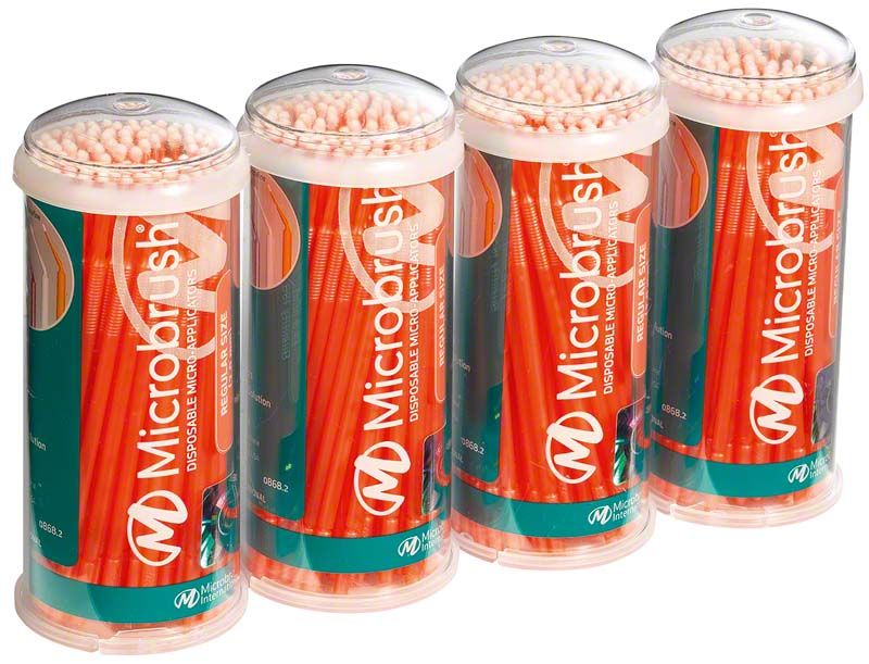 Vier Verpackungen von Microbrush Tube Series Applikatoren in orange.