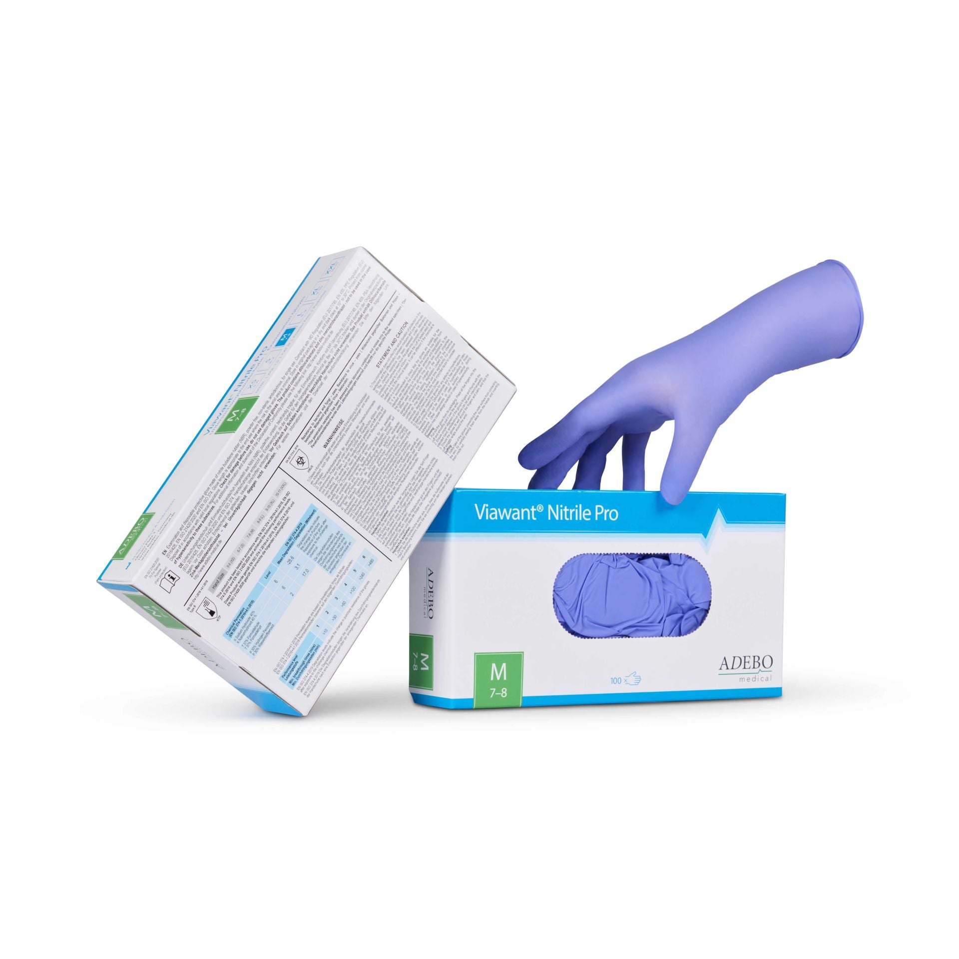 Viawant Nitrile Pro Handschuh in Blau, Größe S, aus der Verpackung gezogen.