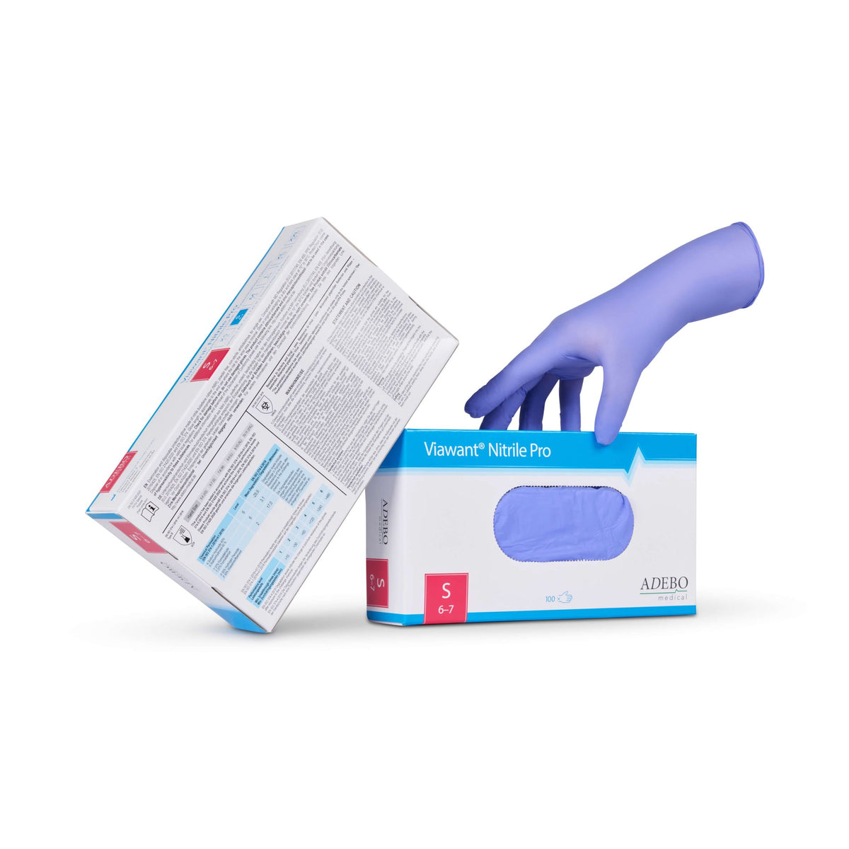 Hand in XXL Viawant Nitrile Pro Handschuh greift nach Verpackung.