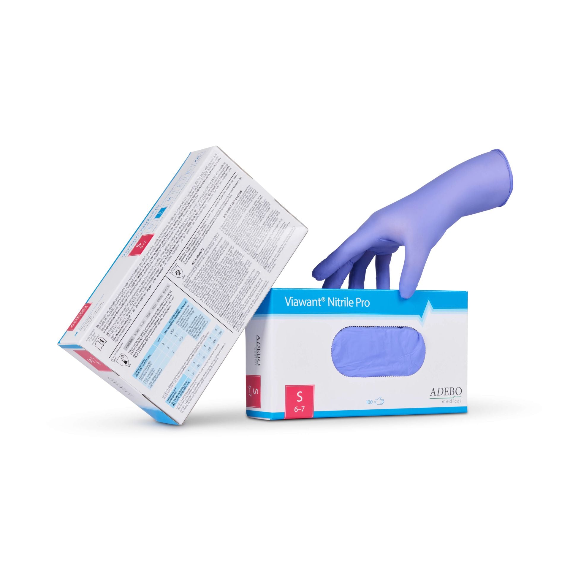 Hand in XXL Viawant Nitrile Pro Handschuh greift nach Verpackung.