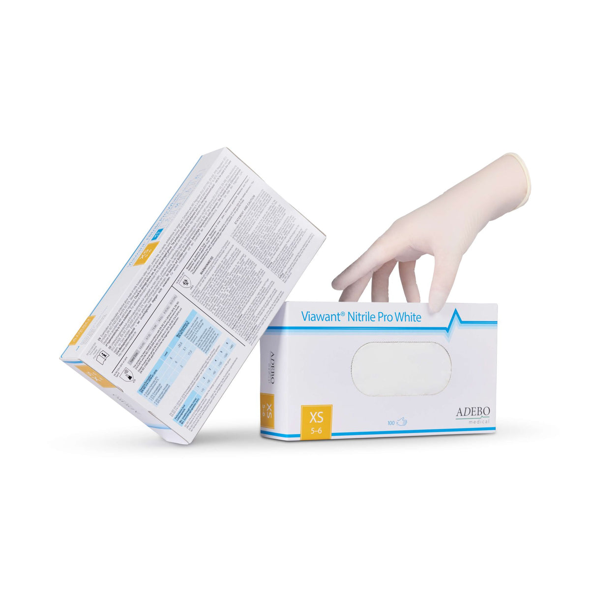 Viawant Nitrile Pro White Einmalhandschuhe Größe XS mit Hand in Handschuh.