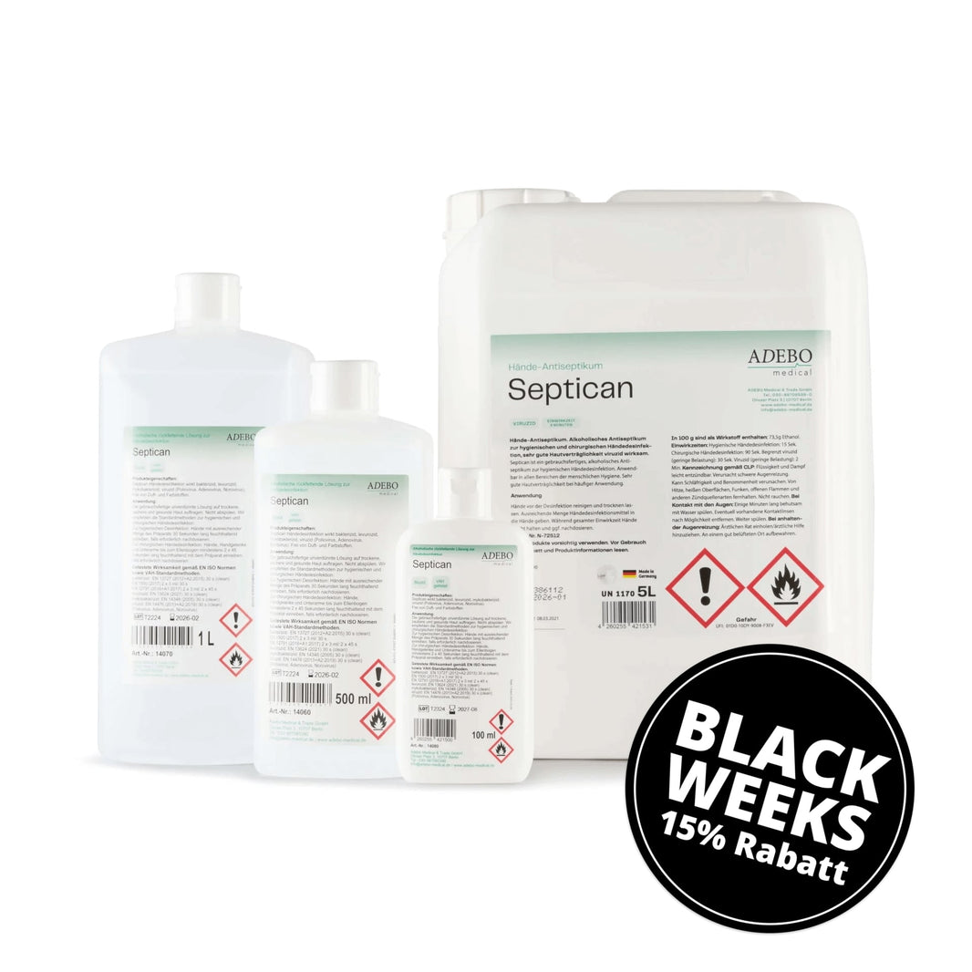 Septican Händedesinfektion in verschiedenen Flaschengrößen mit Sicherheitskennzeichnungen.