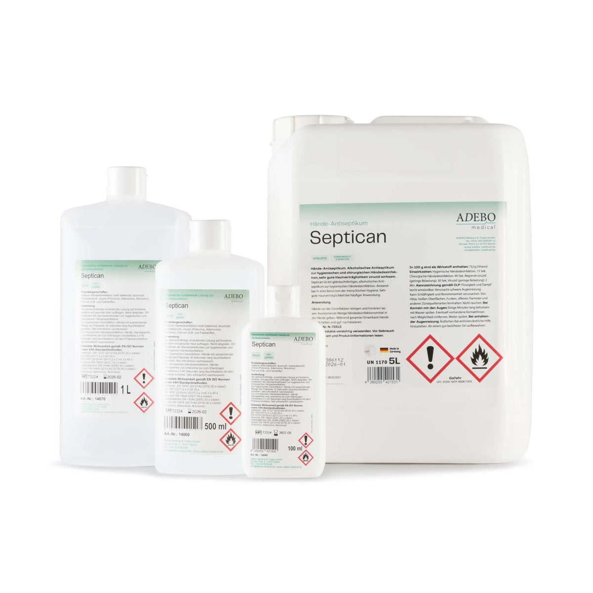 Septican Händedesinfektion in verschiedenen Flaschengrößen mit Sicherheitskennzeichnungen.
