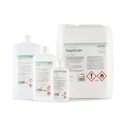 Septican Händedesinfektion in verschiedenen Flaschengrößen mit Sicherheitskennzeichnungen.