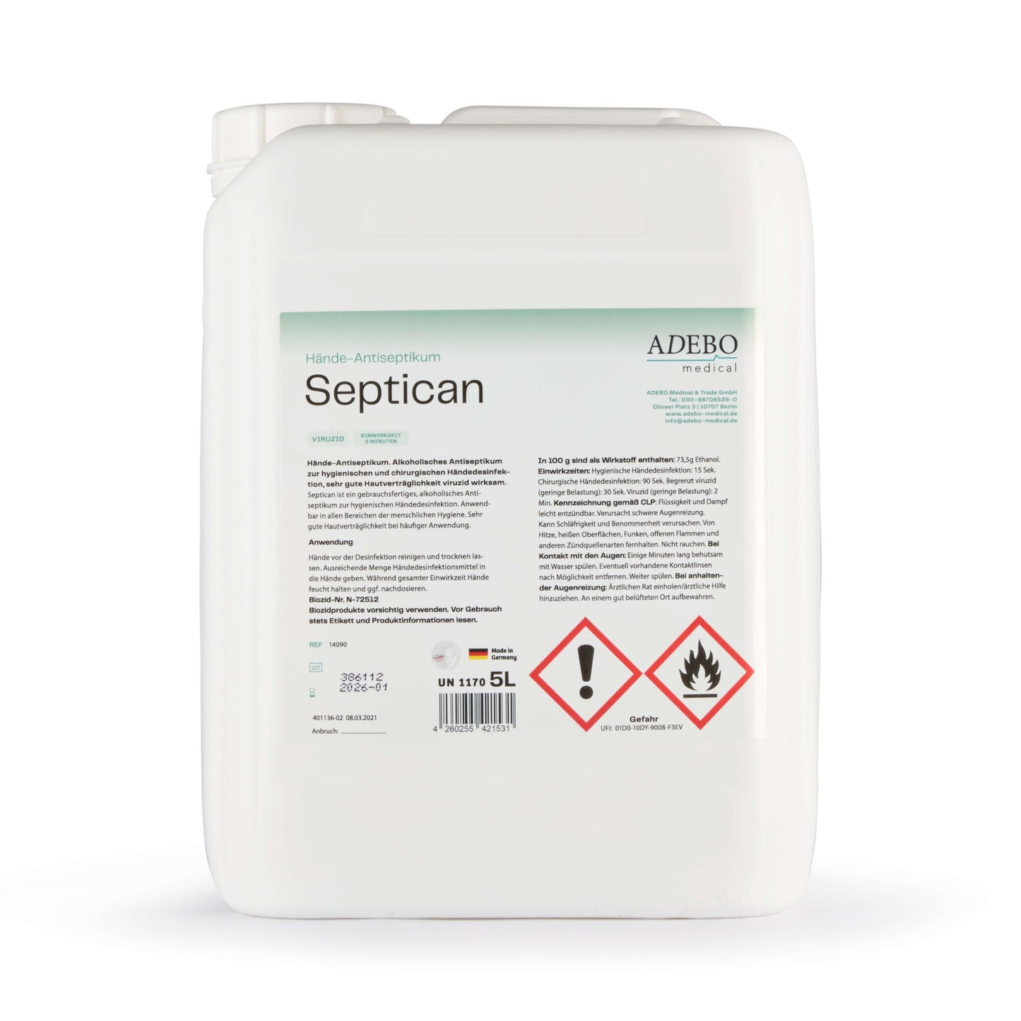 Septican Händedesinfektion 5L Kanister mit Warnsymbolen und Produktinformationen.