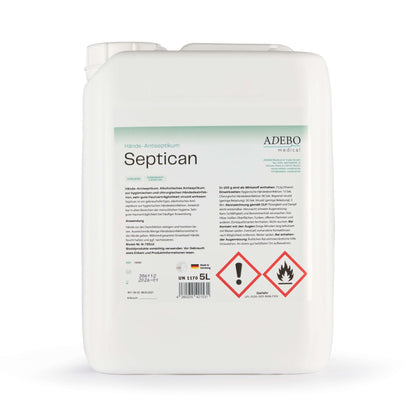Septican Händedesinfektion 5L Kanister mit Warnsymbolen und Produktinformationen.