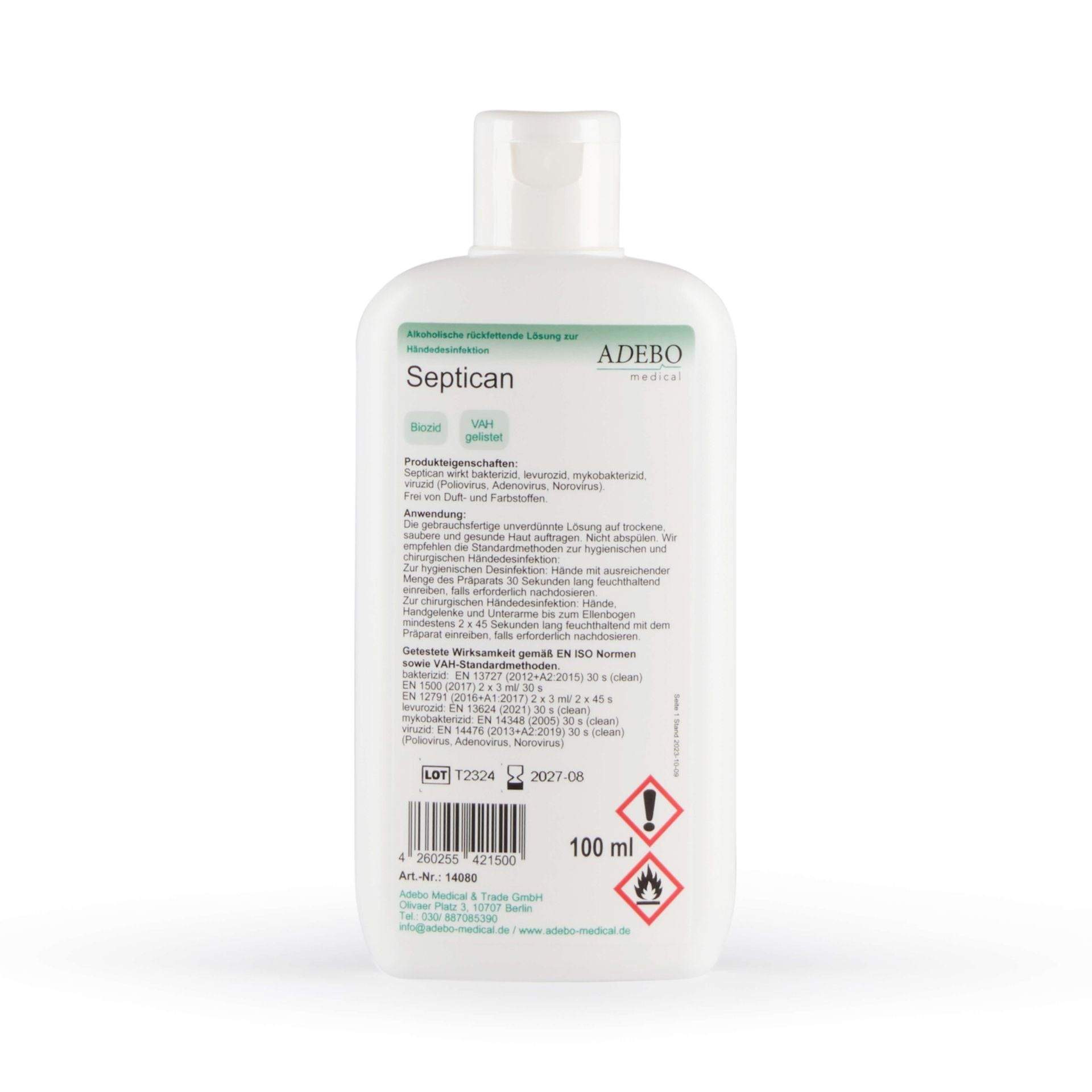 Septican Händedesinfektion 100 ml Flasche mit Sicherheitskennzeichnungen auf der Rückseite.