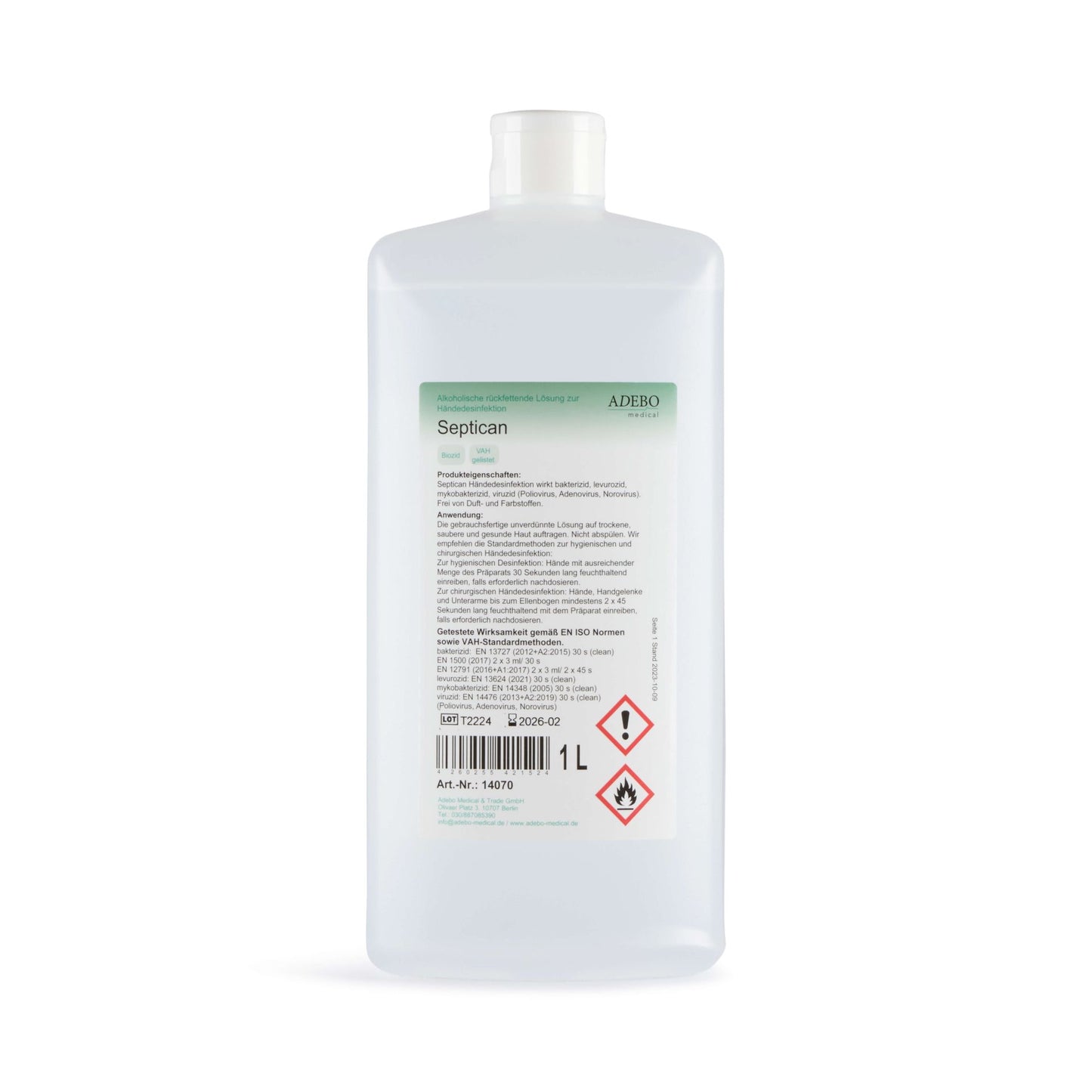 Septican Händedesinfektion 1L Flasche mit Etikett und Sicherheitskennzeichnungen.
