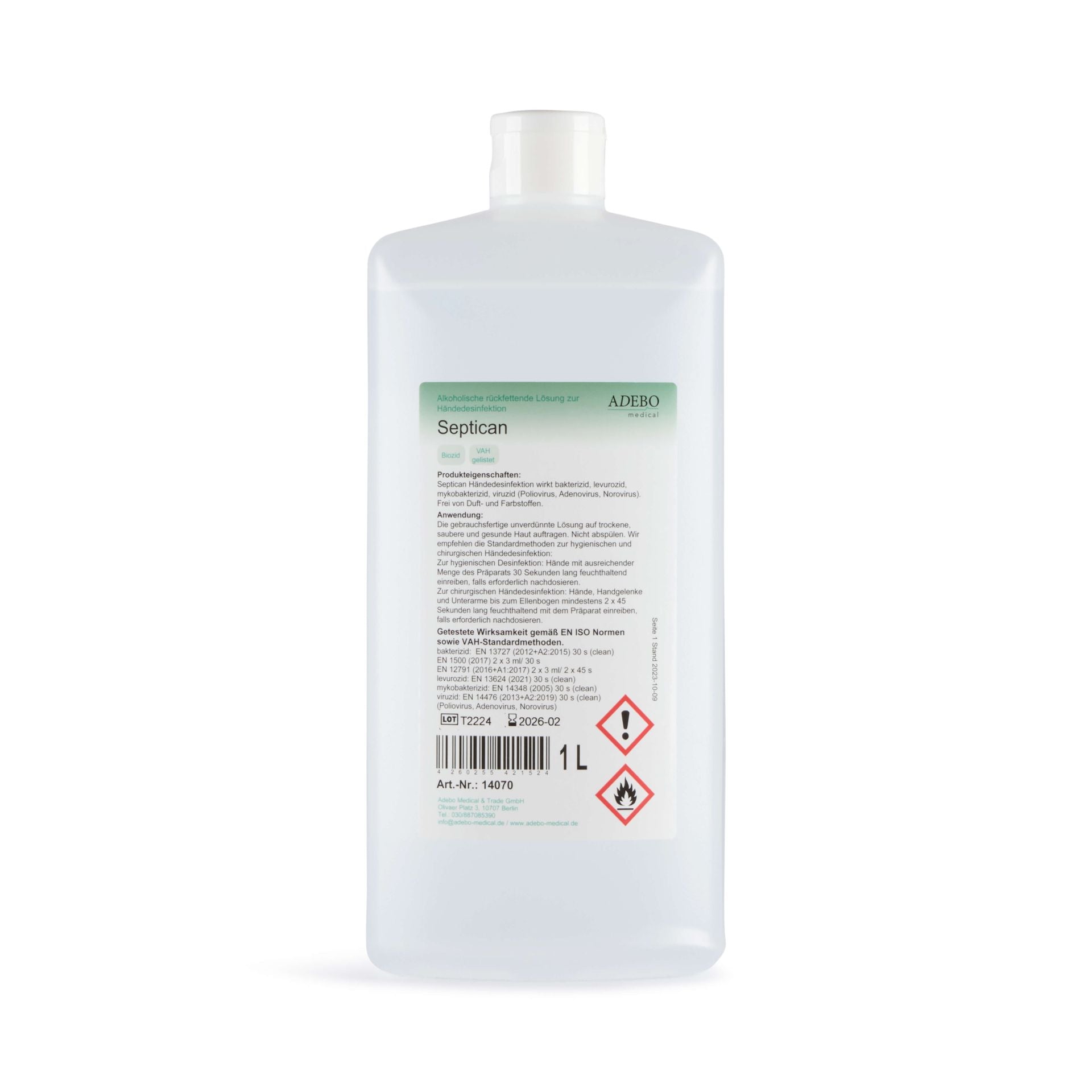 Septican Händedesinfektion 1L Flasche mit Etikett und Sicherheitskennzeichnungen.