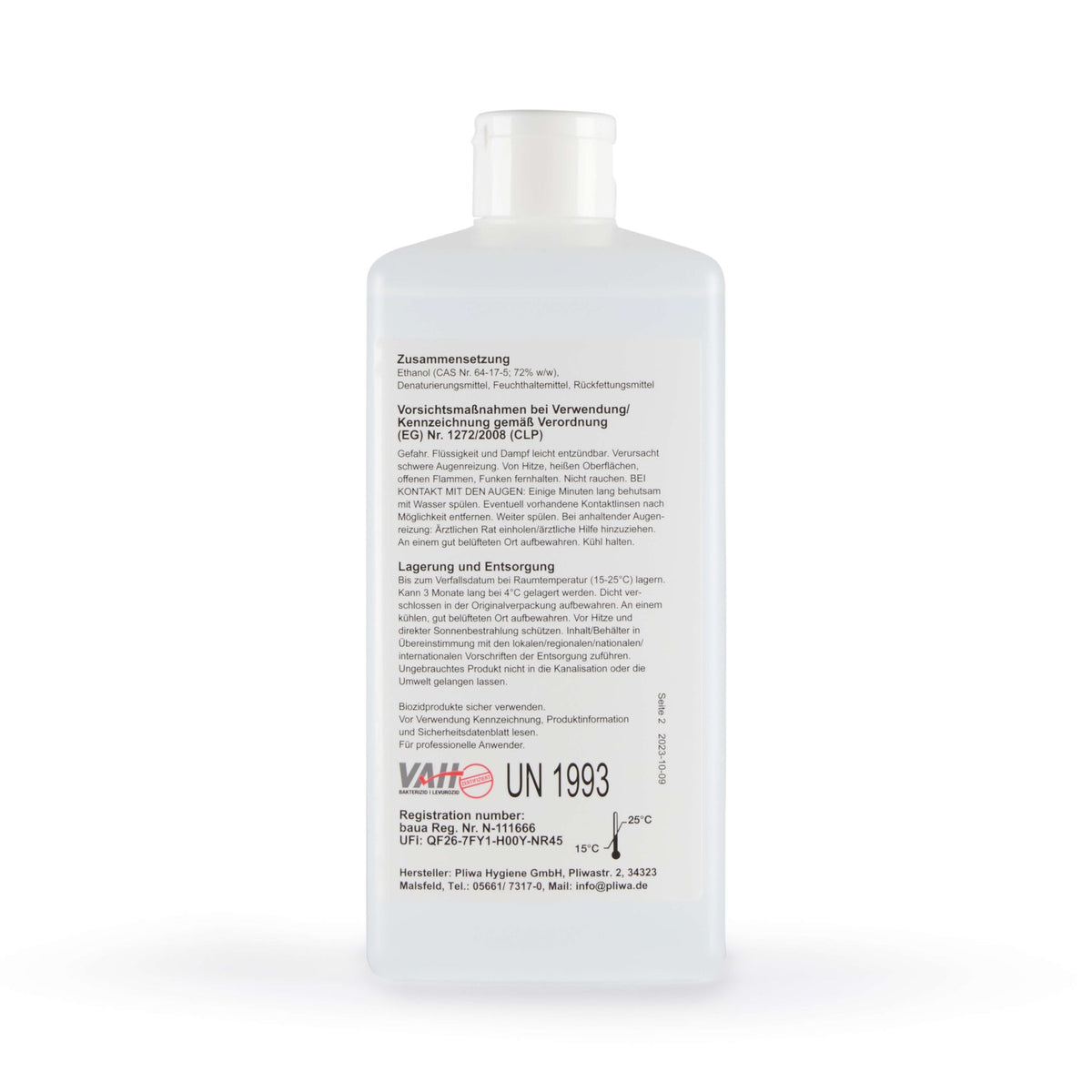 Rückansicht der Septican Händedesinfektion 1 L Flasche mit Sicherheitskennzeichnungen.