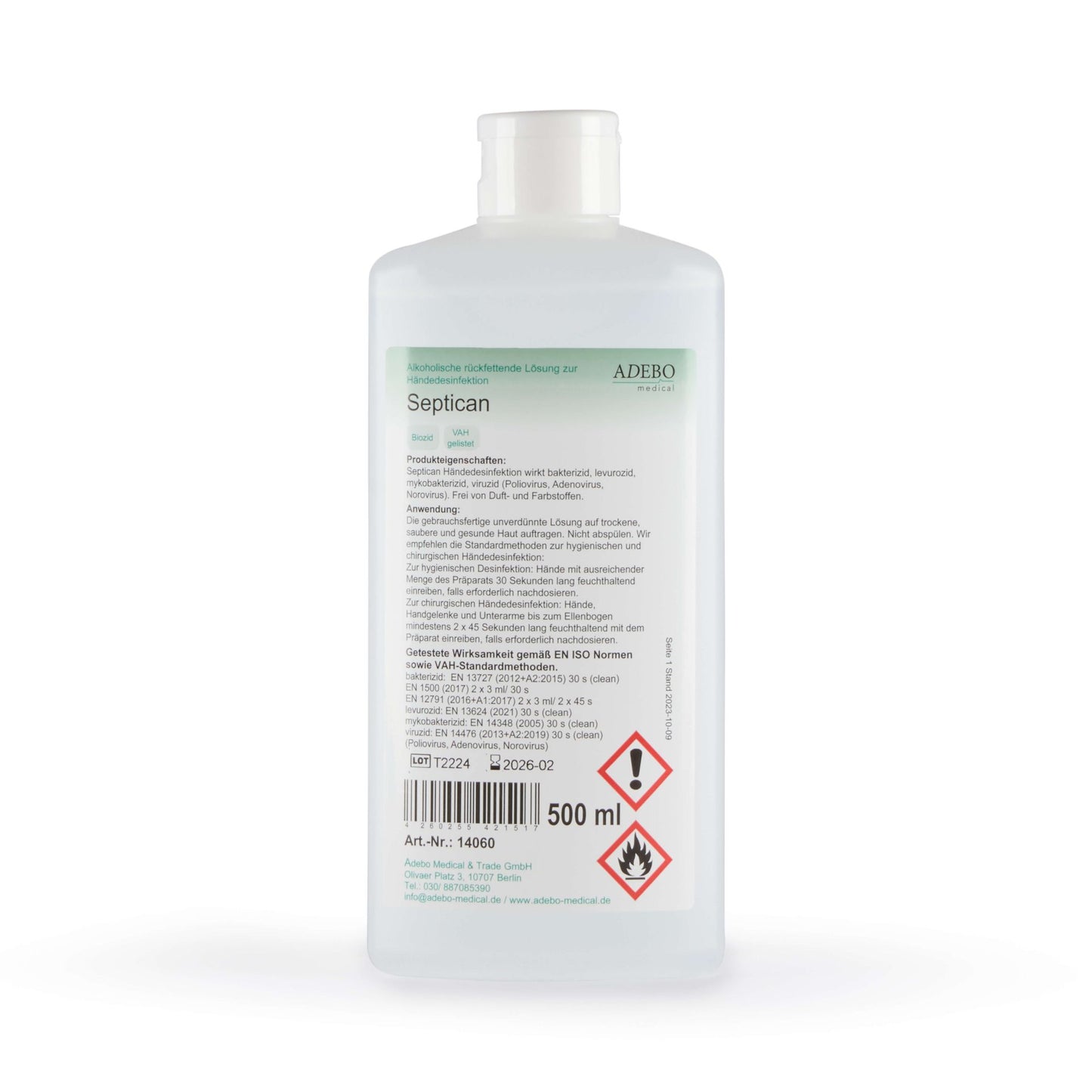 Septican Händedesinfektion 500 ml Flasche mit Sicherheitskennzeichnungen auf der Vorderseite.